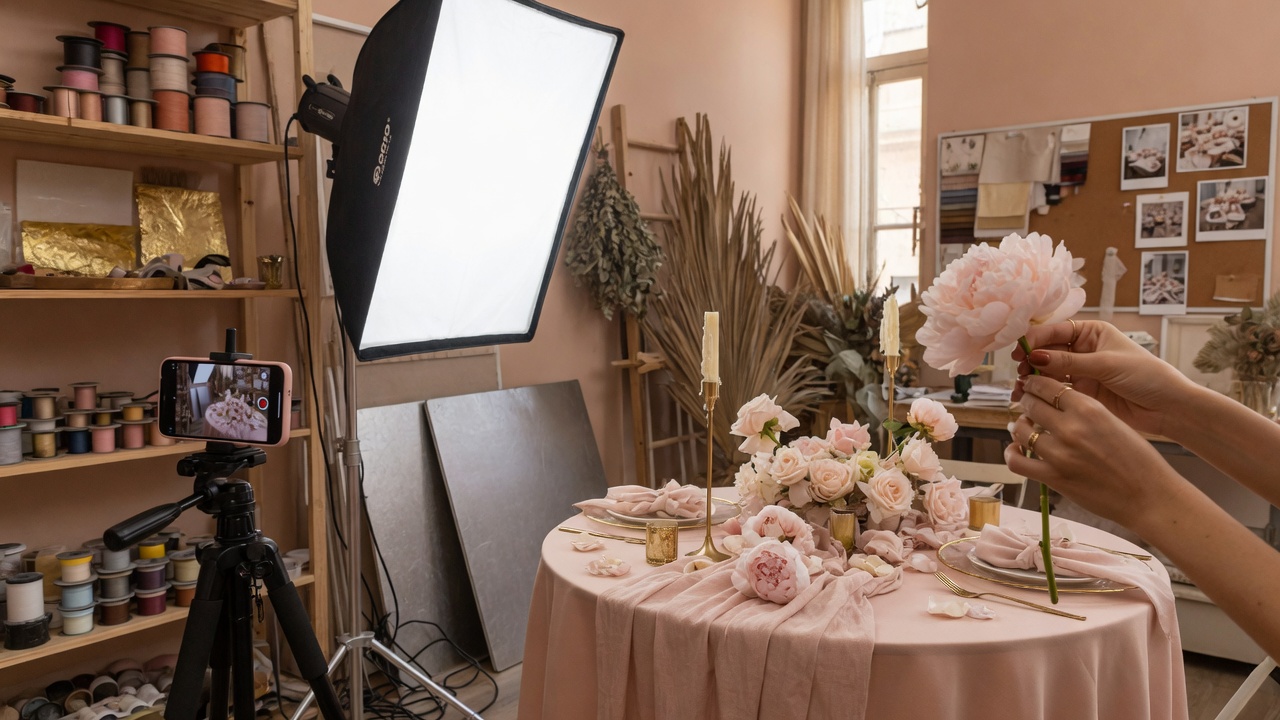 Bastidores fotografando mesa de festa para o catálogo no celular
