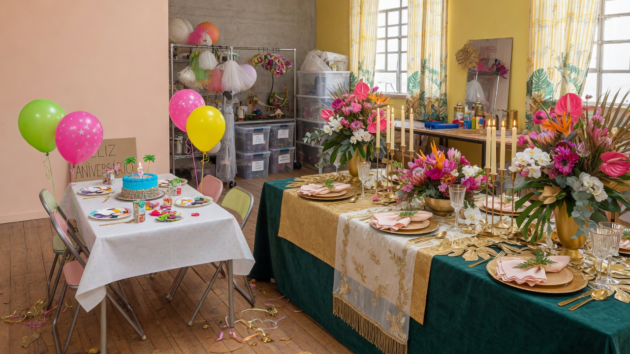 Duas mesas no mesmo ateliê: festa simples à esquerda e mesa luxuosa à direita