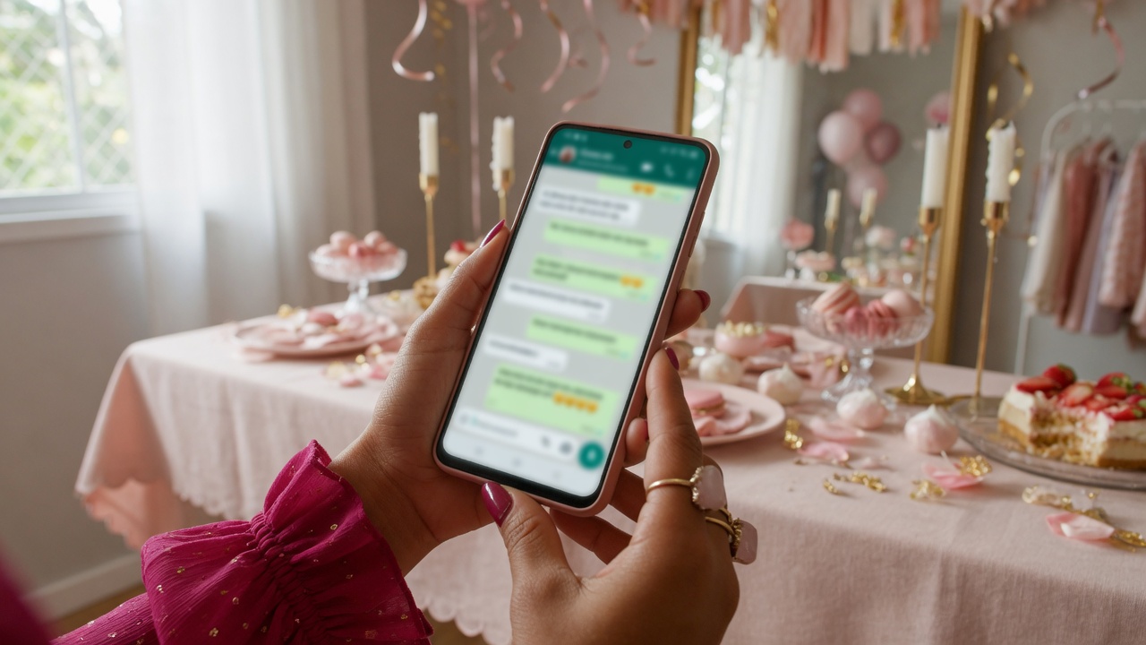Mãos segurando o celular com conversa de orçamento na mesa de festa