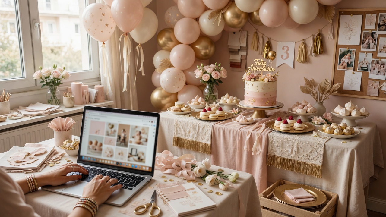 Ateliê de festa com notebook aberto e mesa de doces em rosa e dourado ao fundo