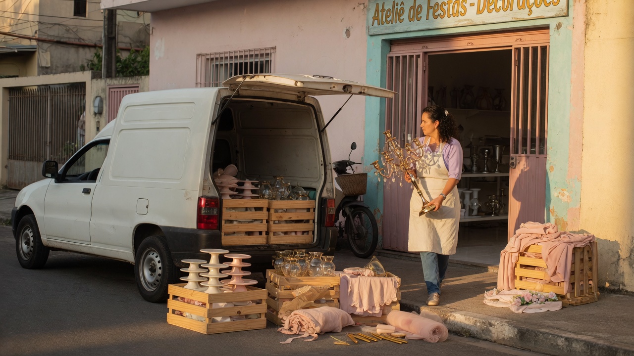 Decoradora carregando peças no furgão na porta do ateliê de locação