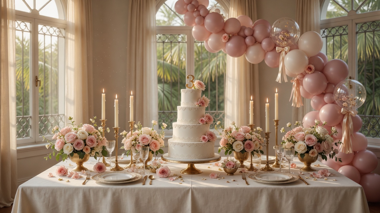 Mesa principal de festa infantil com bolo, flores, velas e arco de balões rosa