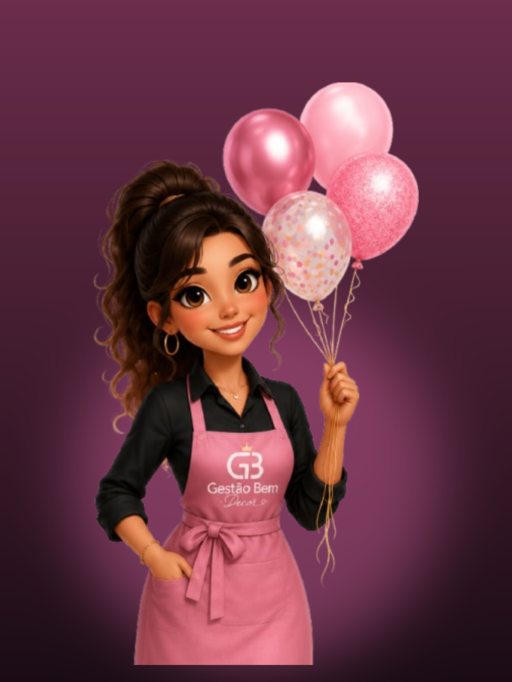 Mascote Gestão Bem Decor — decoradora com balões rosa
